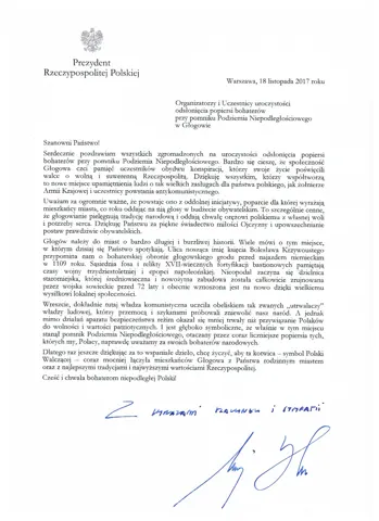 18.11.2017 Głogów wita Bohaterów. Listy od Najwyższych Władz RP — zdjęcie 1